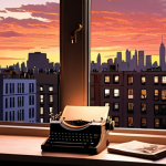 Carrie's Apartment Window at Sunset**

Prompt: "Carrie Bradshaw's apartment window, New York City sunset, typewriter on desk, fashion sketches, Vogue magazine, cozy lamp light, realistic painting."

**
